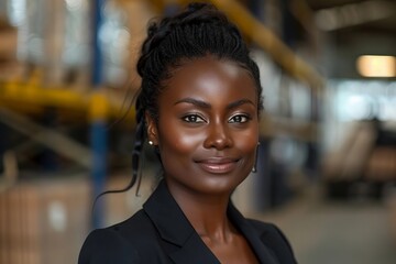 Obraz premium Close-Up Portrait of a Confident African American Woman Smiling in a Warehouse Environment