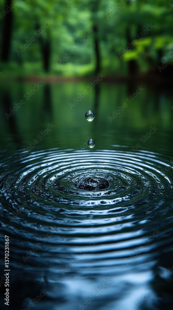 Poster water drop:capturing the serenity of nature, the image features a water drop creating concentric cir