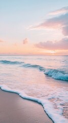 Seascape Serenity: Gentle waves caress the shore at dawn, the sky a pastel canvas of pink and blue. A tranquil scene that captures the essence of peace and serenity. 