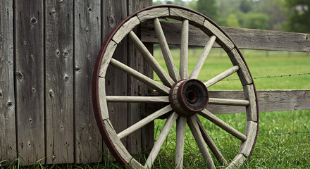 Vintage wagon wheel against weathered barn wood fence evoking rustic charm