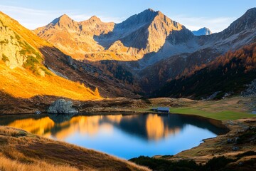 Naklejka premium Mountain lake reflects peaks under morning sun with golden autumn foliage