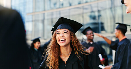Graduation, happy woman or student thinking at university for school education, opportunity or...