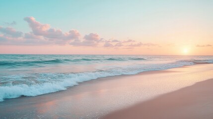 Fototapeta premium Sunrise Serenity at the Shore: A tranquil beach scene with soft pastel hues, the gentle waves caress the sandy shore. Capturing a serene and peaceful atmosphere.