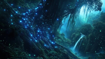Enchanting, mystical rainforest at night, illuminated by bioluminescent creatures. Lush vegetation, waterfalls, and glowing moss create a surreal atmosphere