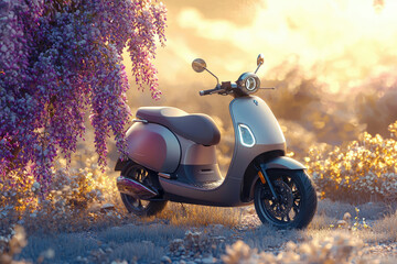 A sleek, modern electric scooter parked beneath a wisteria tree at sunset.