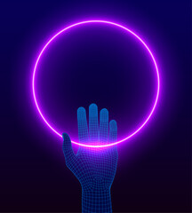Obraz premium Human hand holding neon ring. Hand in low poly style. Human hand mesh. Neon style concept, retrofuturistic template for text, presentation, logo.