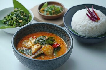Delicious Thai Cuisine: Fish Curry, Rice, and Greens on White Table, Asian Food Still Life