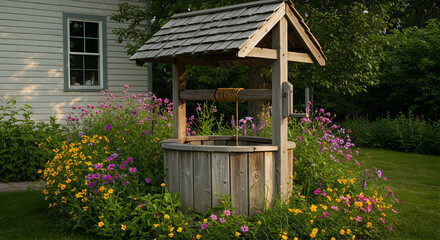 Charming rustic wishing well adorned with wildflowers in a lush front yard setting