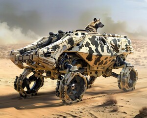 Fototapeta premium Mine clearing vehicle designed hybrid African wild dog agile multi wheeled chassis adapted navigating treacherous terrain high speed detection system mimic pack hunter intelligence sweeping