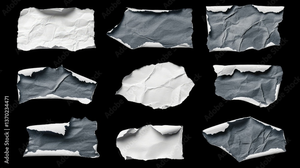 Poster a collection of torn paper backgrounds in white and gray for creative projects featuring textured la