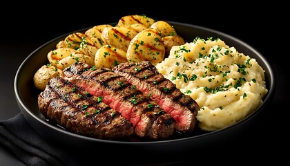 Grilled Steak with Potatoes, and Mash.