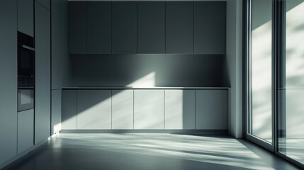 Obraz premium Modern Empty Kitchen, Sunlight Streaming In, Interior Design, For Real Estate