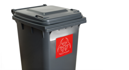 Isolation of a biohazard waste container with warning label against clean background