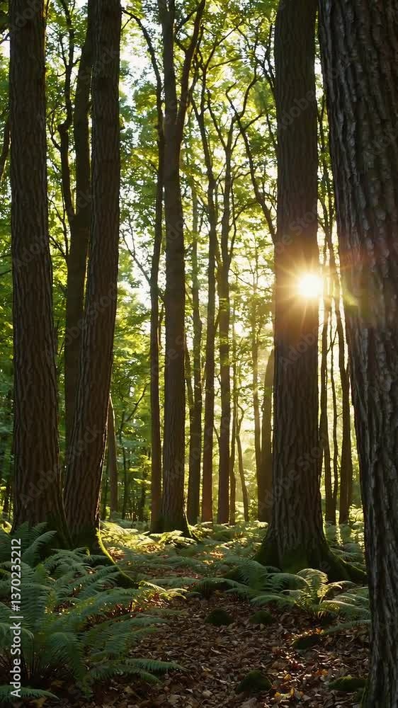 Aufkleber sunlight filtering through forest trees at dusk creating a serene natural atmosphere
