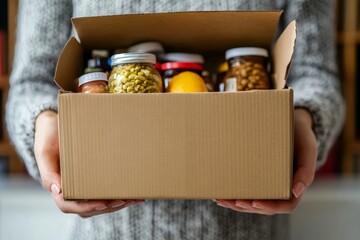 Volunteer female hands holding food donations box with grocery products on white desk. Front view