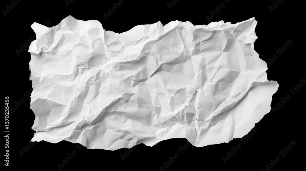 Poster crumpled white paper texture on black background for creative and artistic uses in design, print, an