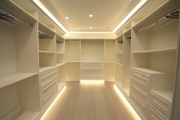 A modern walk in closet featuring shelves drawers and lighting