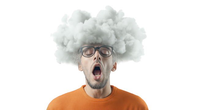 Surreal portrait, man with a cloud hovering over his head, exploring dreams and imagination