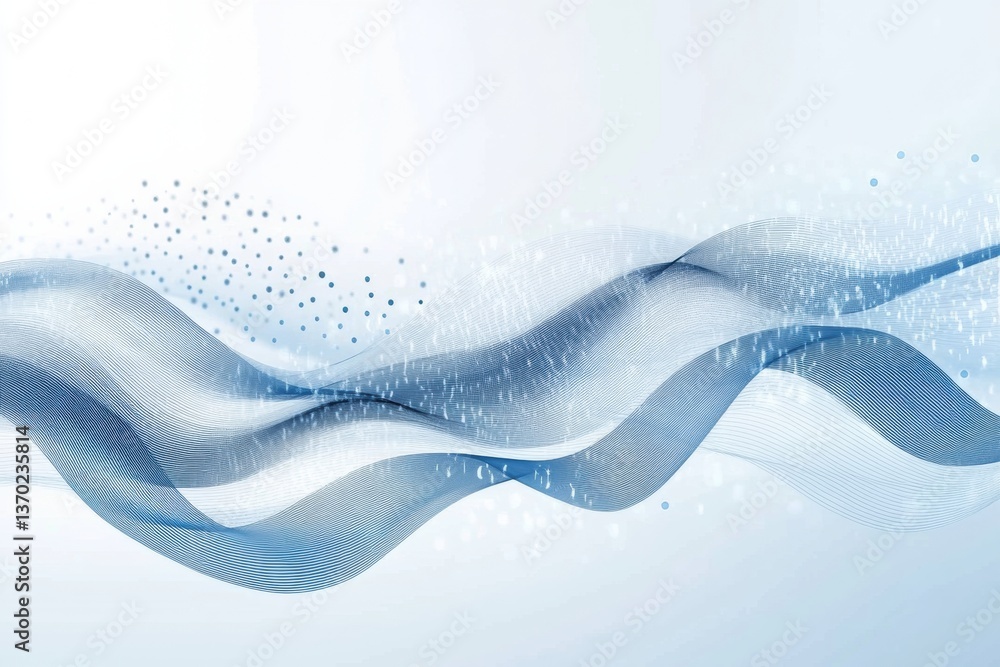 Poster Sleek digital background with waves and transaction icons creating a modern atmosphere in a blue and white color scheme