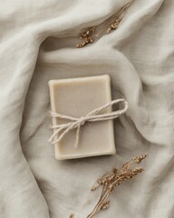 Natural bar soap on linen fabric