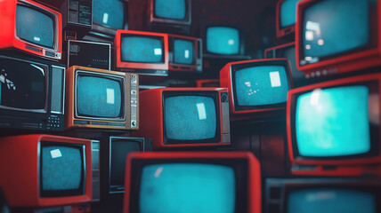 Room full of old-school televisions, each displaying static noise and digital glitches