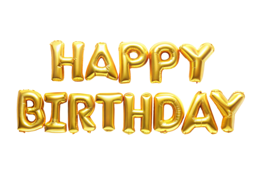 Happy Birthday golden balloon lettering isolated on transparent background.