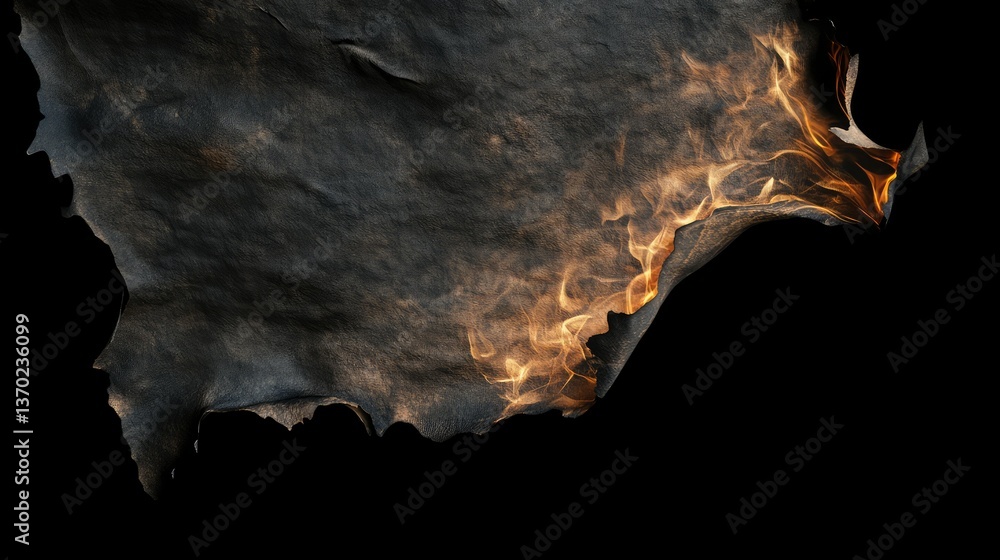 Poster fiery abstract texture of charred material with glowing flames and ashes set against a dark backgrou