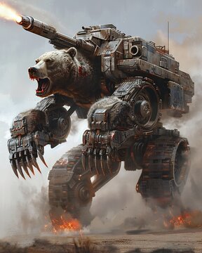 Monstrous hybrid of self propelled artillery system grizzly bear thundering across battlefield like unstoppable juggernaut armored plating mimic bear thick fur while reinforced leg propel forward