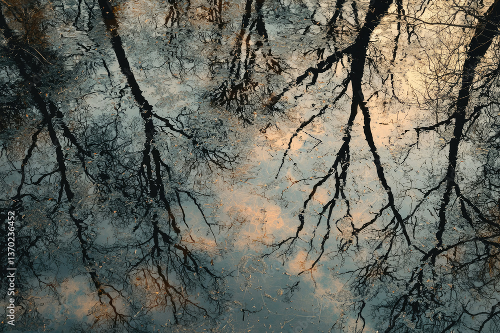 Poster Reflective serenity: Bare tree branches mirrored in calm water, creating a mesmerizing natural artwork.