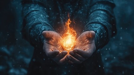 Hands Holding a Magical Flame in a Snowy Landscape