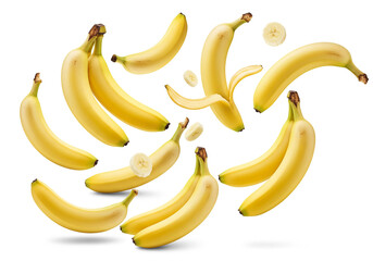 Falling slices of banana in air on WHITE background