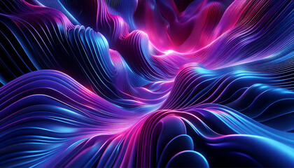 Abstract wavy lines with blue and pink gradient lighting creating a futuristic landscape look