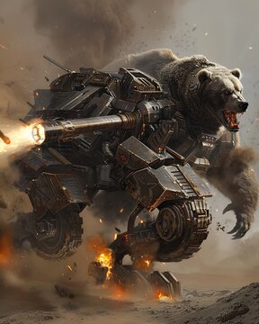 Monstrous hybrid of self propelled artillery system grizzly bear thundering across battlefield like unstoppable juggernaut armored plating mimic bear thick fur while reinforced leg propel forward