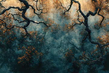 Enigmatic forest scene with gnarled trees, autumn leaves, and misty atmosphere.