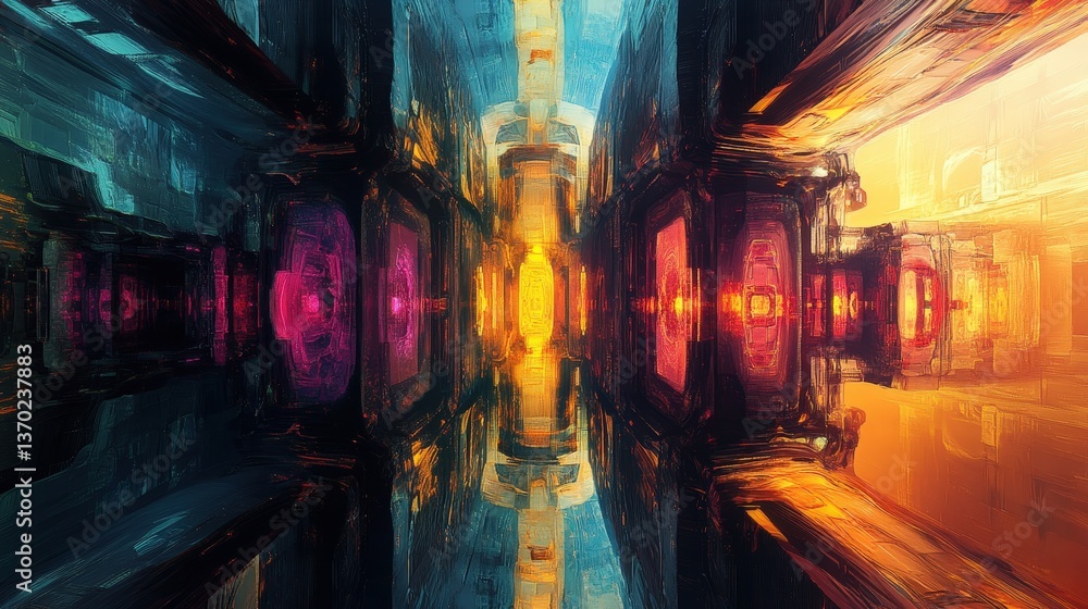 Poster a complex abstract structure resembling a futuristic cathedral with glowing stained-glass patterns.