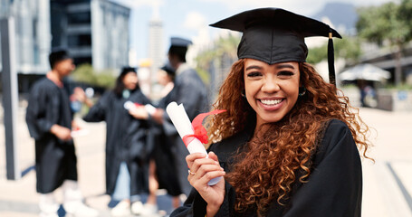 Certificate, woman or graduate with smile at university for education, opportunity or portrait....