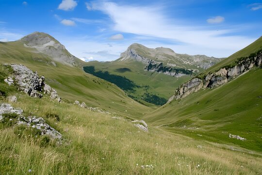 Mountain valley with green fields under a blue, cloudy sky