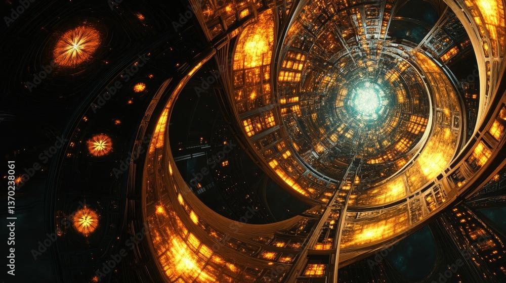 Poster a complex abstract structure resembling a futuristic cathedral with glowing stained-glass patterns.