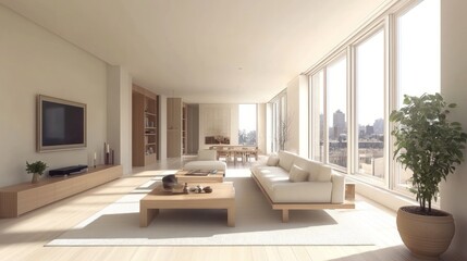 Fototapeta premium Modern minimalist penthouse living room, city view, interior design, photorealistic render