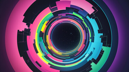 Abstract circular design with vibrant colors and a central dark space with stars visible