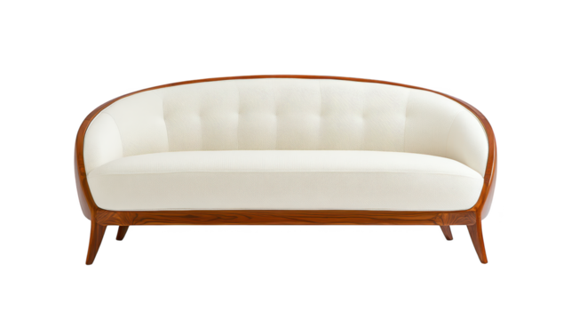 Elegant white couch with natural wooden frame, enhance your living room decor with a touch of modern comfort