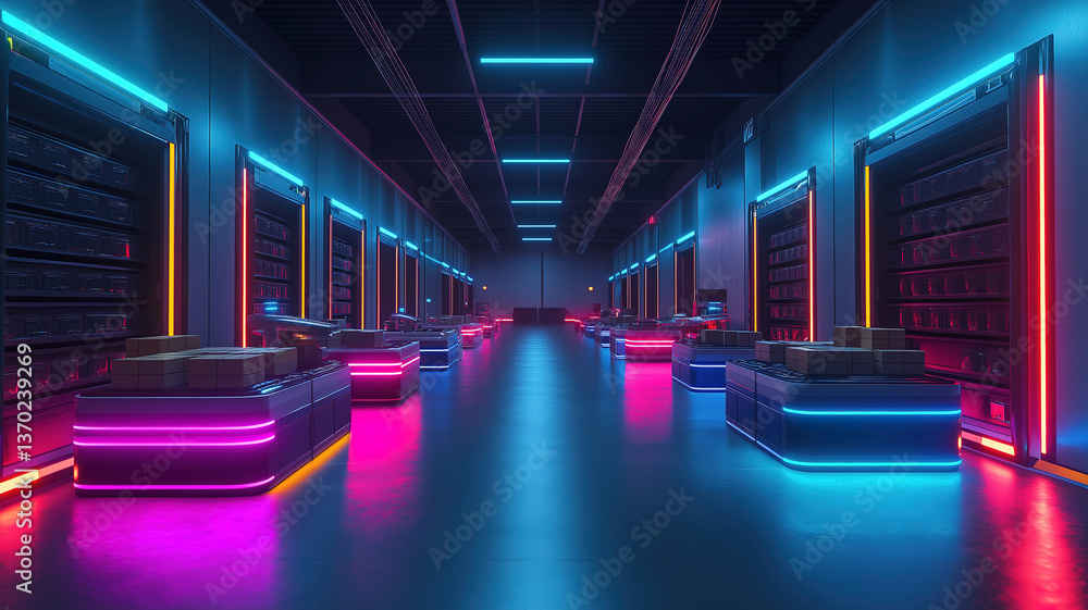 Poster autonomous robots sorting packages in a futuristic warehouse illuminated by neon blue lights