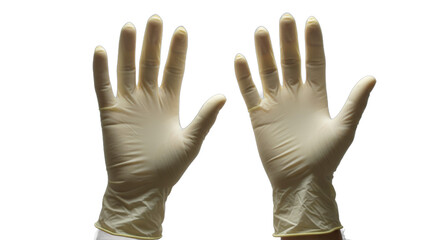 Obraz premium Pair of medical latex gloves against pure white background, sterile concept