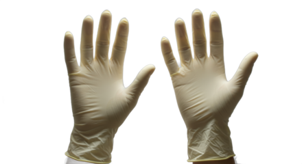 Pair of medical latex gloves against pure white background, sterile concept