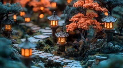 Miniature Japanese Garden at Night with Glowing Lanterns