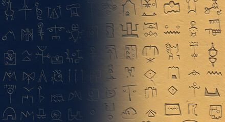 Obraz premium Sandstone to Navy Gradient Background with Etched Ancient Glyphs Pattern