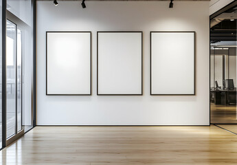 A modern office interior with three blank posters on the wall, white walls, and glass doors leading to other rooms