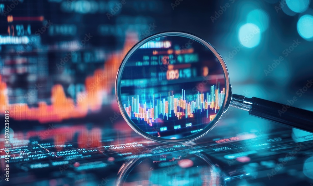 Aufkleber financial data analysis with magnifying glass on illuminated screen showing fluctuating charts and b