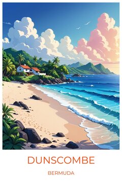 Dunscombe Bermuda Travel Poster Flat Illustration Print Decor Gift Canvas Wall Art Gift