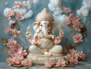 Ganpati Statue, Artistic Display, Pink Flowers